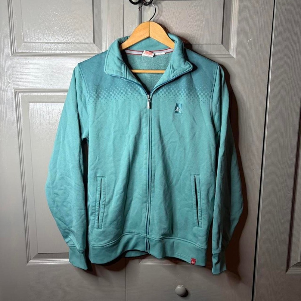 Vintage eS Footwear Skateboarding Zip Up Fleece Jacket Blue Teal Mens Large Y2K